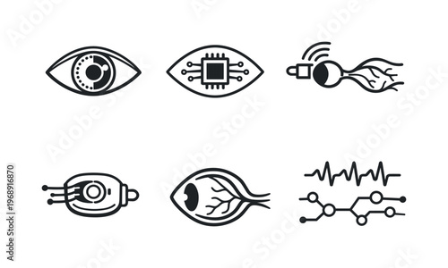 Line style vector icons of ocular prosthesis: eye-outline motif, retinal-chip icon, nerve-stimulation symbol, electronic-implant