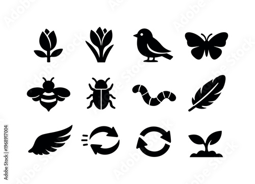 Solid vector icons of nature awakening in March: flowerbud, crocus, bird, butterfly, bee, insect, worm, feather, wing, motion,