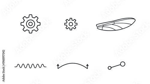 Line vector icons of gears operating by dragonfly wing principle (biomimetic motion): central gear, slim gearlet, segmented wing