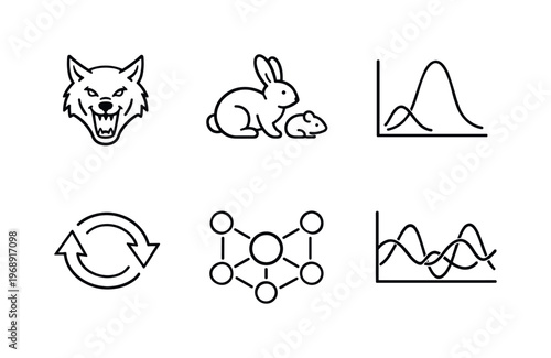 Ecosystem Chaos Icons. Line style vector icons of chaos in ecosystems: predator-outline icon, prey-motif outline, population-curve