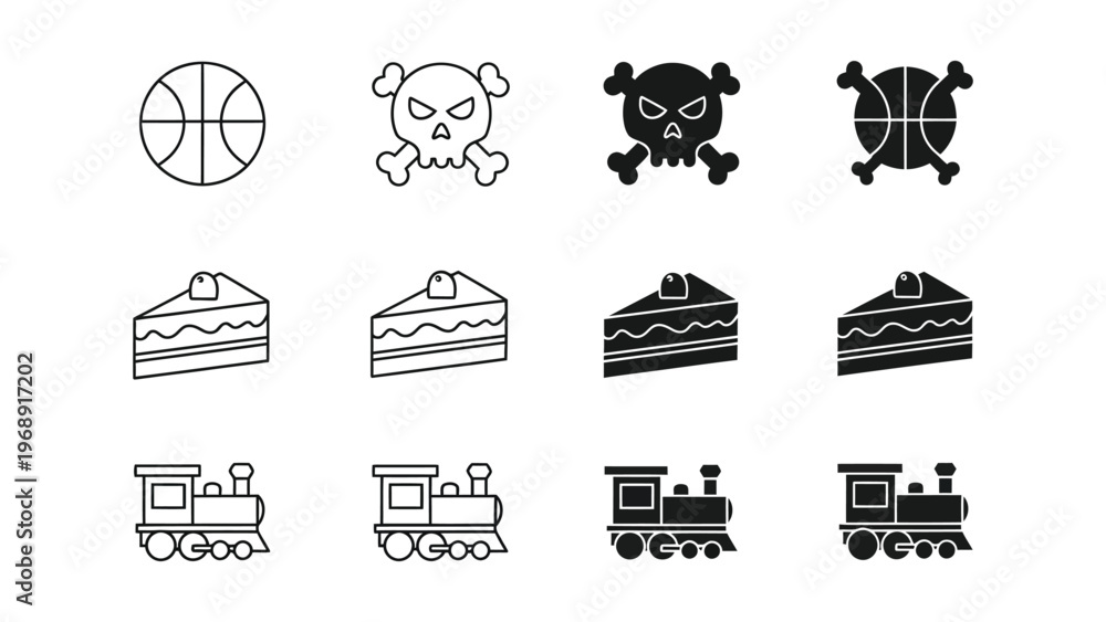 Obraz premium Variations of icons featuring sports, food, and transportation themes