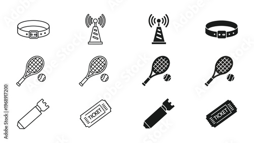 Collection of icons related to tennis and event essentials
