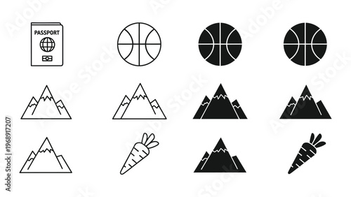Symbolic progression of graphics combining passport, basketball, mountains, and carrot icons