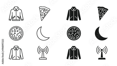 Contrasting icons featuring clothing, pizzas, moon phases, and signal towers