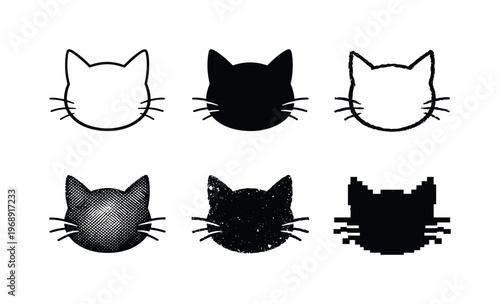 Cat Face Silhouette Variants. Minimal cat face silhouette with pointed ears and whiskers, symbol representing feline pets and