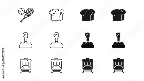Evolution of a toasted sandwich maker, game controller, and train in monochrome icons
