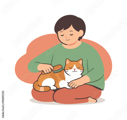 Gentle moment shows a pet owner brushing a cat as fur lies smooth and balance returns | scene of pet owner brushing a cat, flat