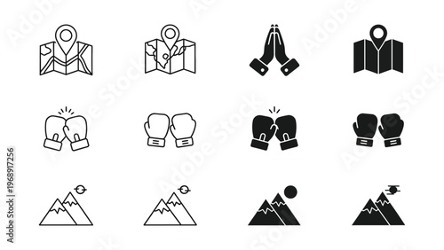 Collection of icons representing travel, goals, challenges, and achievements