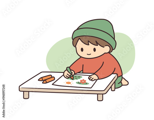Warm child draws with crayons on paper at a low table as colors spread gently and the room stays calm during quiet playtime today