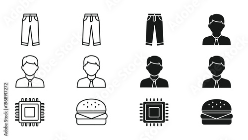 Diverse icons representing professional attire, microprocessors, and fast food