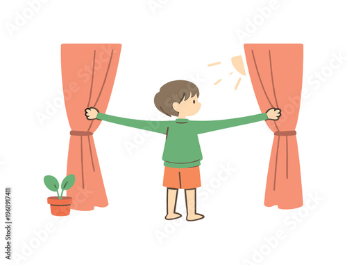 Warm child pulls curtains apart near a wide window, sunlight spreading across the floor as the room slowly wakes inside today up