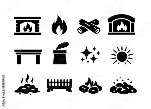 Solid vector icons of fireplace home: fireplace, flame, log, hearth, mantel, chimney, spark, glow, warmth, ash, grate, ember, No