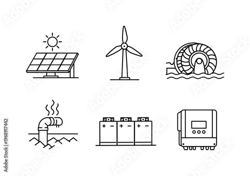 Renewable energy sources and storage icons including solar, wind, hydro, geothermal, batteries, and inverter