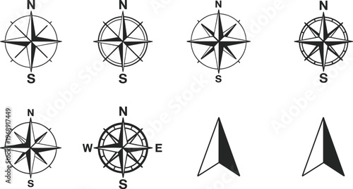 Collection of black and white compass rose and directional arrows