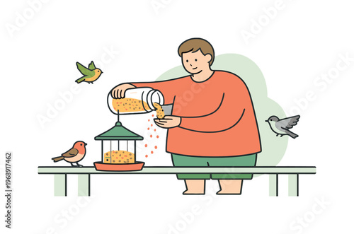 Gentle person refills a bird feeder on a quiet porch pouring grain from a jar as wings flicker around softly near rails outside