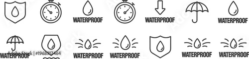 Collection of waterproof including shields drops umbrellas and stopwatches with text