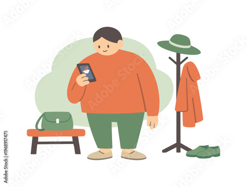 Bright person reviews a weather forecast on a phone before leaving as the entryway stays tidy and calm | weather forecast,