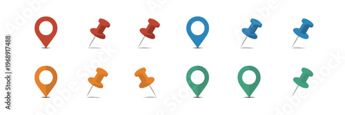 Collection of red blue orange and green map pin and push pins with shadows