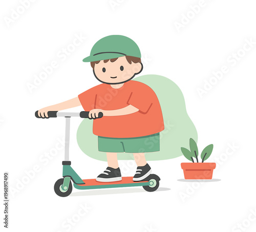 Soft child practices balancing on a scooter along a quiet walkway while arms steady and speed stays low near home today calmly ok