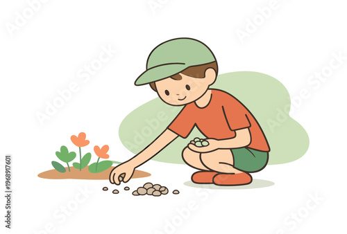 Gentle child collects tiny stones by a garden bed, counting pieces and sharing finds with a friend nearby path together happily