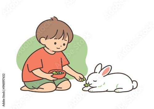 Gentle child continues feeding a pet rabbit as the animal relaxes and balance returns | scene of child feeding a pet rabbit, flat