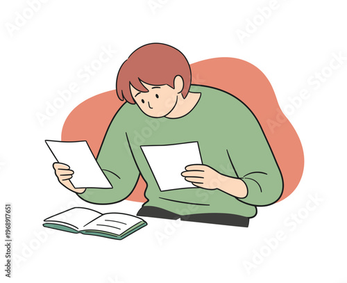 Soft person leans forward reviewing notes comparing pages carefully as concentration deepens in a quiet moment | scene of person