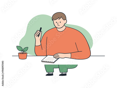 Calm Writing Moment. Bright workspace scene shows a person finishing a note, lifting the pen and reviewing the page calmly | scene