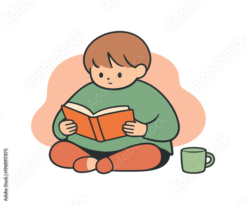Bright quiet moment shows a child reading silently, fully absorbed in the book while sitting comfortably | scene of child reading