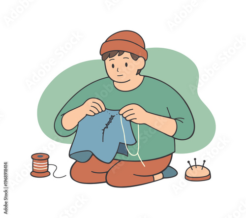 Person sewing a ripped garment with needle and thread, focused on repair
