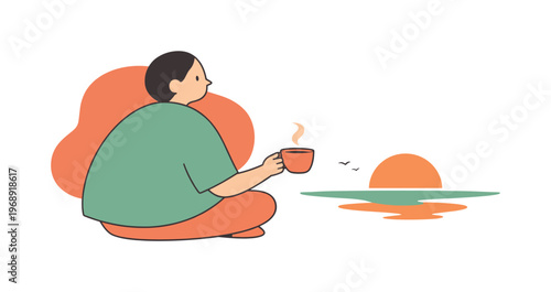 Bright evening scene shows a person watching the sunset with tea as clean space highlights quiet reflection | scene of person