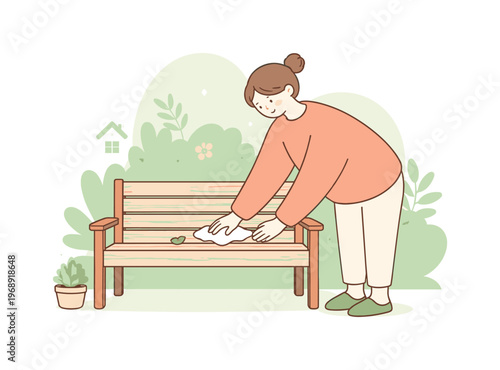 Soft person wipes a garden bench gently, lifting leaves from slats while sunlight falls behind the yard quietly at home today now