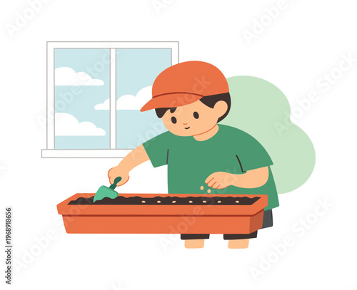 Calm moment shows a child scooping soil in a window box placing seeds evenly as clouds drift past beyond the clear glass slowly