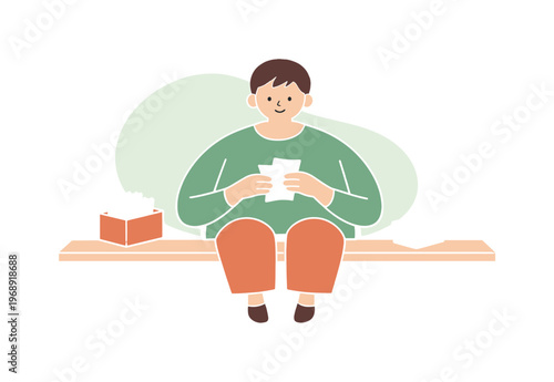 Calm person pauses while organizing receipts, checking a small stack as the desk stays open and balanced | person organizing