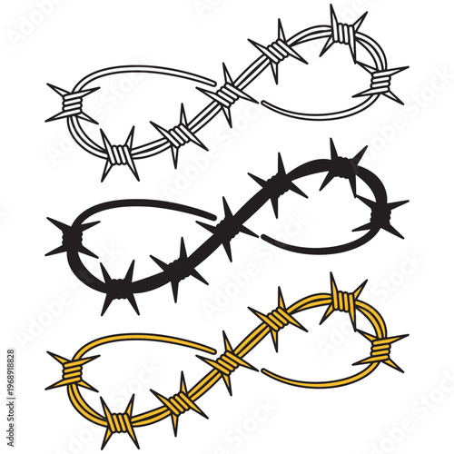 An illustration of barbed wire in black, white, and yellow on a white background