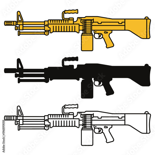 An illustration of three different colored rifles on a white background