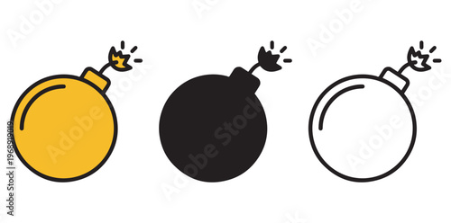 A set of three cartoon bomb icons in different colors on a white background