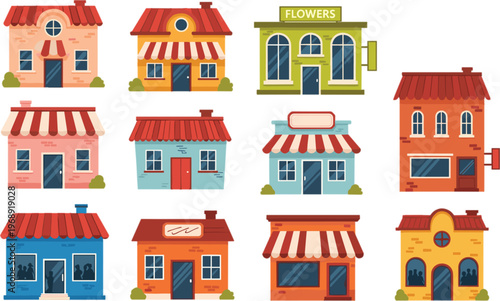 Set of Colorful Flat Vector Illustrations Featuring Various Storefronts: Flower Shop, Retail Stores, Boutique, and Commercial Shops