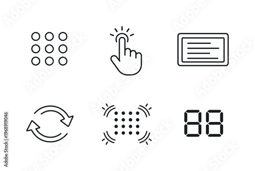 Line style vector icons of dynamic tactile interface: Braille-dot grid outline, fingertip-touch motif, screen-text icon,