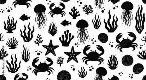 Black and White Marine Life Pattern with Crabs, Jellyfish, Fish, Coral, Seaweed, and Seashells for Ocean, Underwater, and Nature Designs