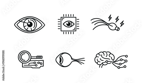 Line style vector icons of ocular prosthesis: eye-outline motif, retinal-chip icon, nerve-stimulation symbol, electronic-implant