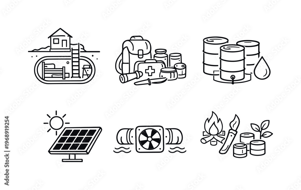 Fototapeta premium Line style vector icons of self-sufficient bunkers: underground-bunker motif, supply-kit icon, water-storage outline, solar-panel