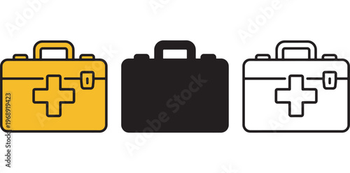 A set of three first aid kit icons in different colors on a white background