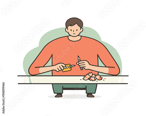 Quiet person sharpens pencils at a desk, shavings curl beside a sharpener, points checked carefully, hands steady in calm focus.