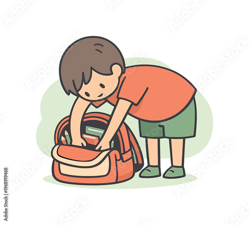 Gentle child packs a school bag, arms reaching deep as pencils and books settle into place | child school bag, flat vector /