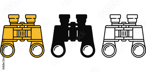 A set of three binoculars in different colors on a white background