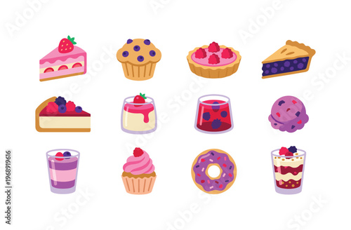 Sweet berry desserts including strawberry cake slice, blueberry muffin, raspberry tart, blackberry pie slice, mixed berry