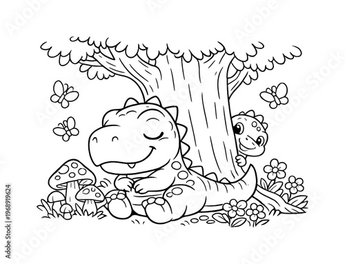T-rex kid resting under a large tree with mushrooms and flowers around, butterflies fluttering nearby and a friendly baby