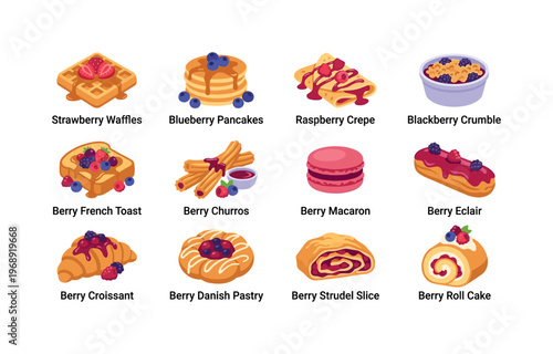 Delicious berry sweets such as strawberry waffles, blueberry pancakes, raspberry crepe, blackberry crumble, berry french toast,