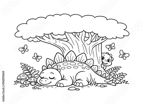 Stegosaurus buddy resting under a large tree with mushrooms and ferns around, butterflies fluttering nearby and a friendly baby
