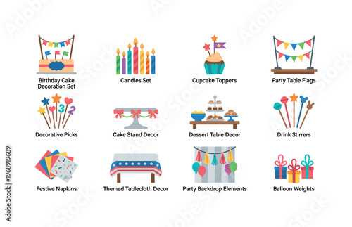 A birthday cake decoration set, candles set, cupcake toppers, party table flags, decorative picks, cake stand decor, dessert table